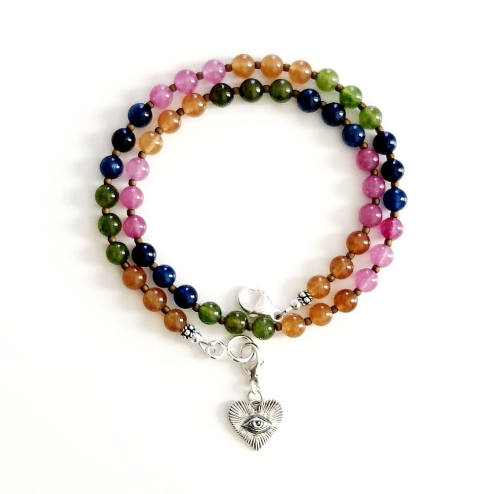 JADE COLOR BLOCK NECKLACE W/ 925 SILVER HEART & EYE PENDANT